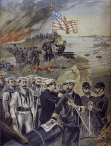 スペイン系アメリカ人戦争、キューバのグアンタナモに上陸、「ルプチジャーナル」からの挿絵、補足イラスト、1898年7月3日 作： Fortune Louis Meaulle